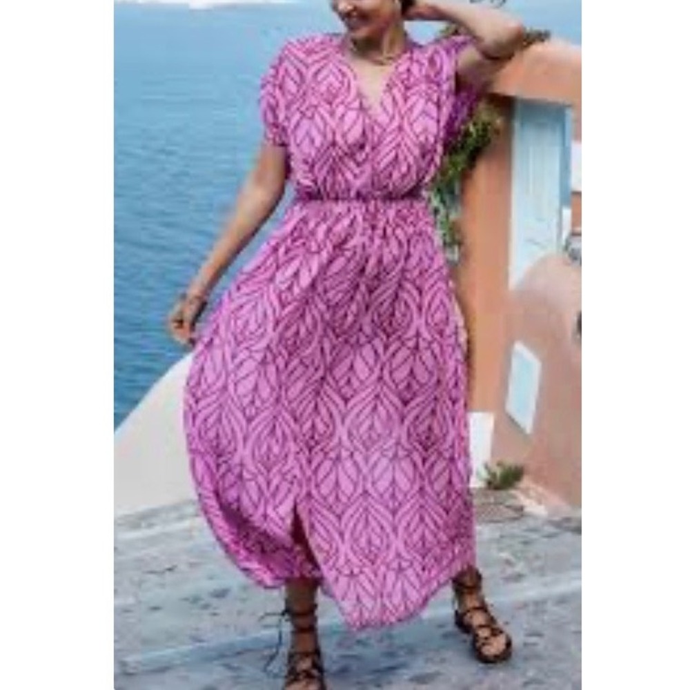 Cupshe NWT Abstract Leaf Print Maxi Dress Maroon Pink V-Neck BeacH XL Boho